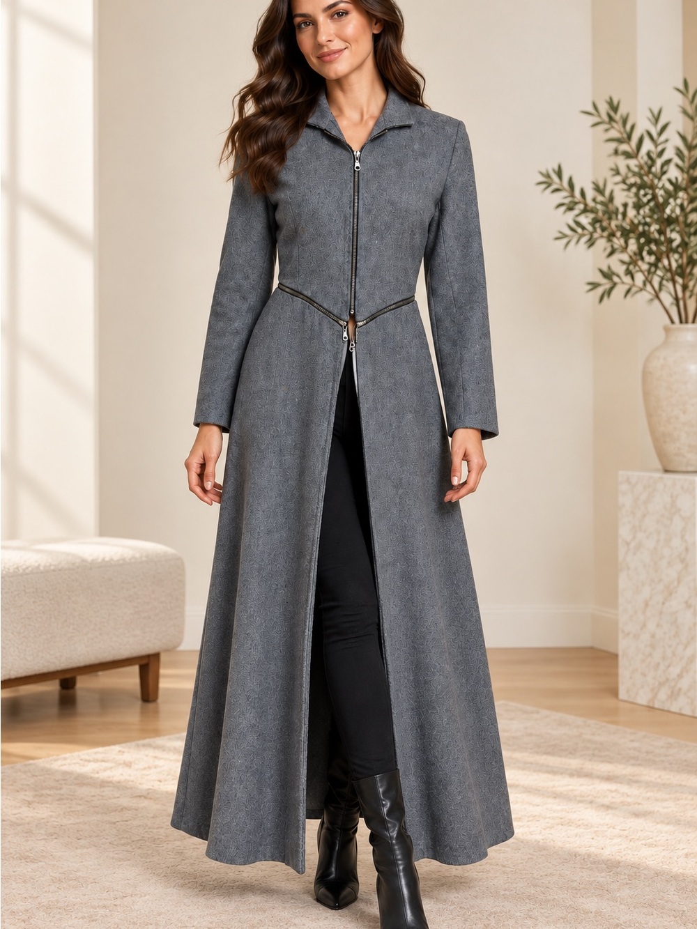 Long Zip-Front Gray Maxi Coat